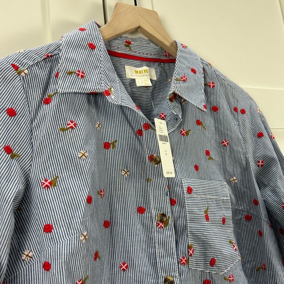 Maeve Anthropologie Embroidered Floral Button Down Shirt Size 6 NWT blue stripe - Picture 12 of 15